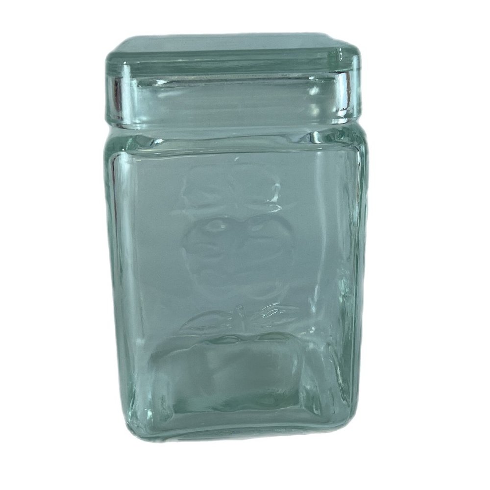Vintage Clear Glass Square Container with Embossed Apple Design